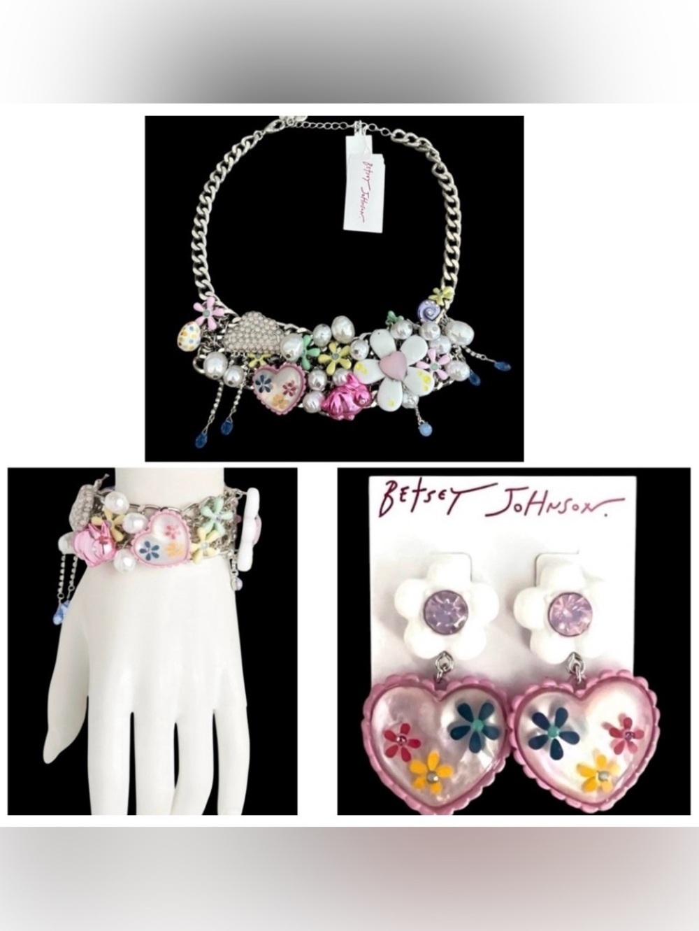 BETSEY JOHNSON SET Hop to It Easter Retro Heart Necklace Bracelet & Earrings NWT